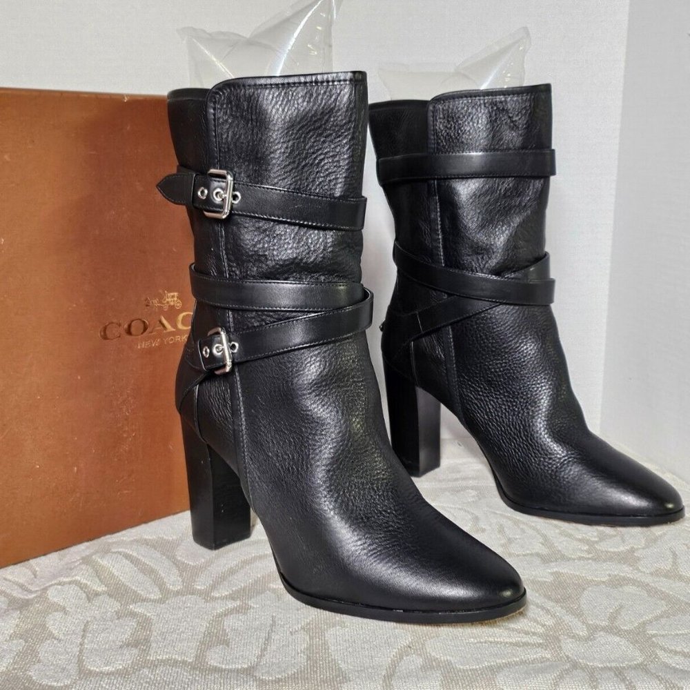 COACH Alexandra Boots Belt Buckle mid calf black leather Size 10 EUC